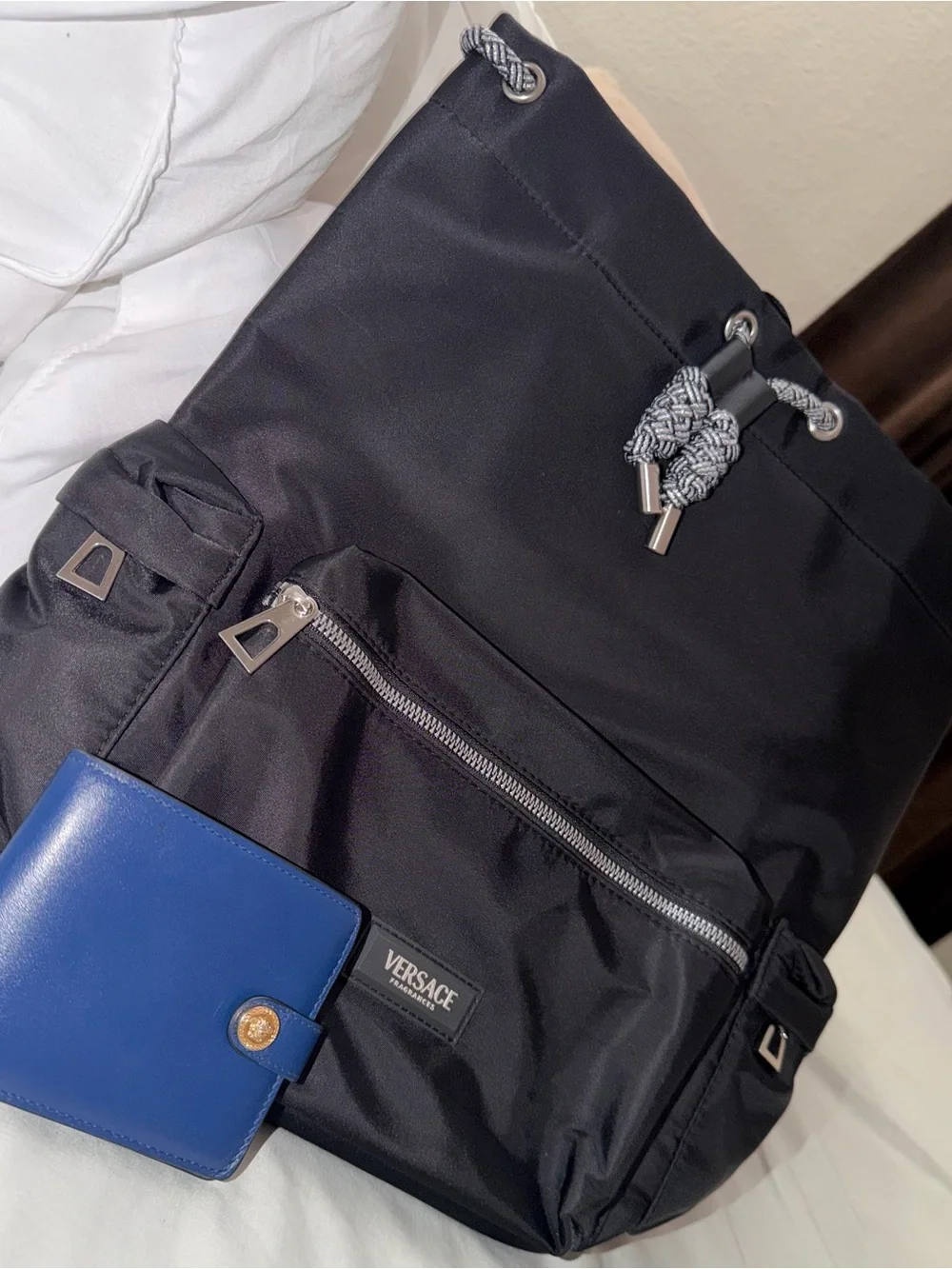 Pre-Loved VERSACE Men’s Blue Wallet + Black Nylon Drawstring Backpack (Unused!)